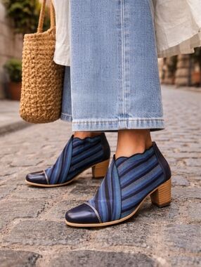 En Tour de Ville Blue Striped Slip-On Booties | Cap Toe Chunky Heel Art-To-Wear